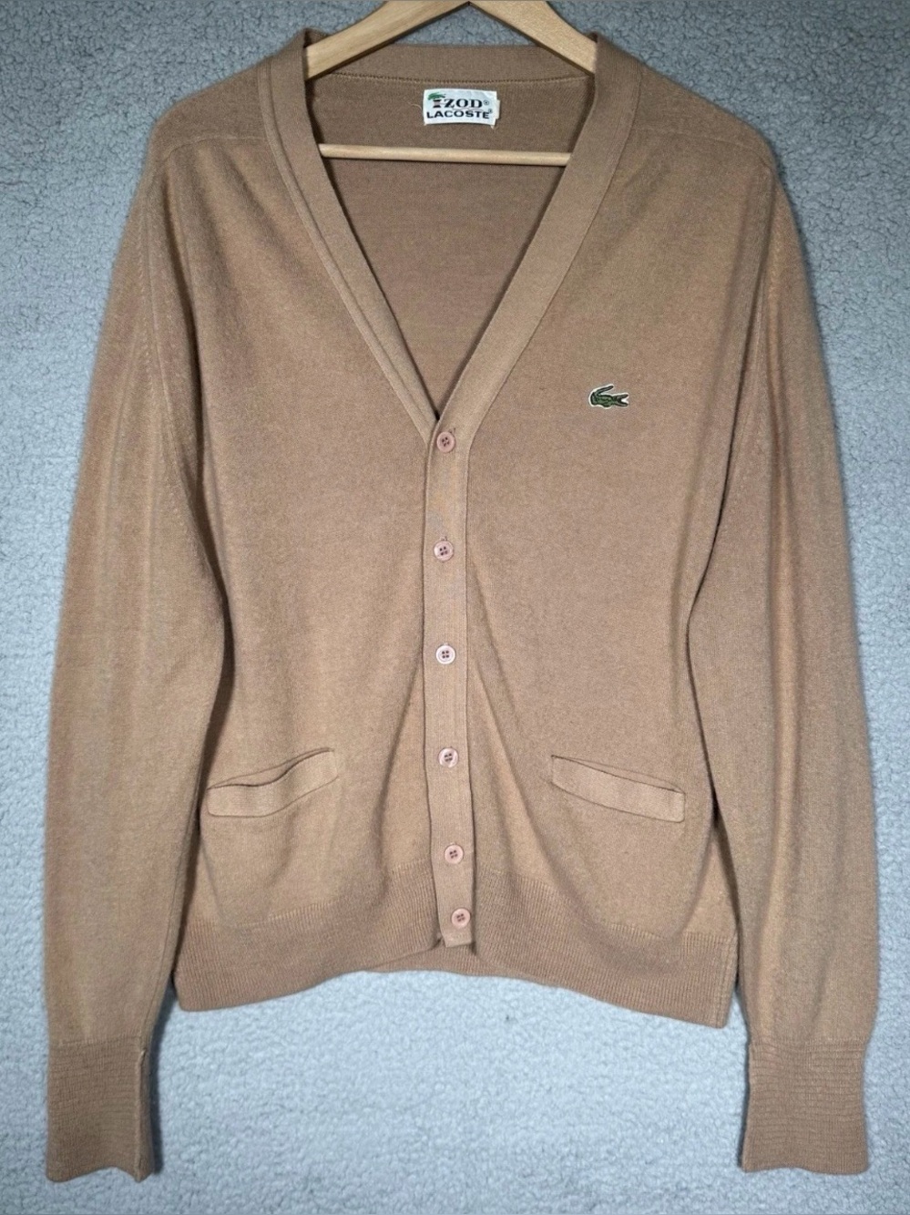 Vtg Izod Lacoste Mens Cardigan Sweater V Neck Crocodile XL Beige Grandpa USA 80s